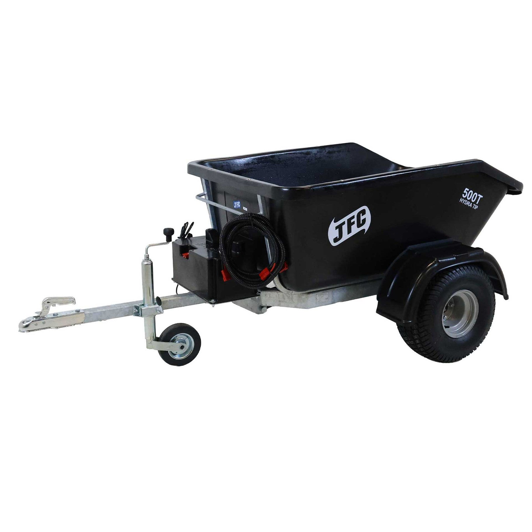 JFC 500T Hydra Tip black ATV tipping trailer with a 500-litre polyethylene body, galvanised chassis, 12V hydraulic power pack, and lever ball hitch.