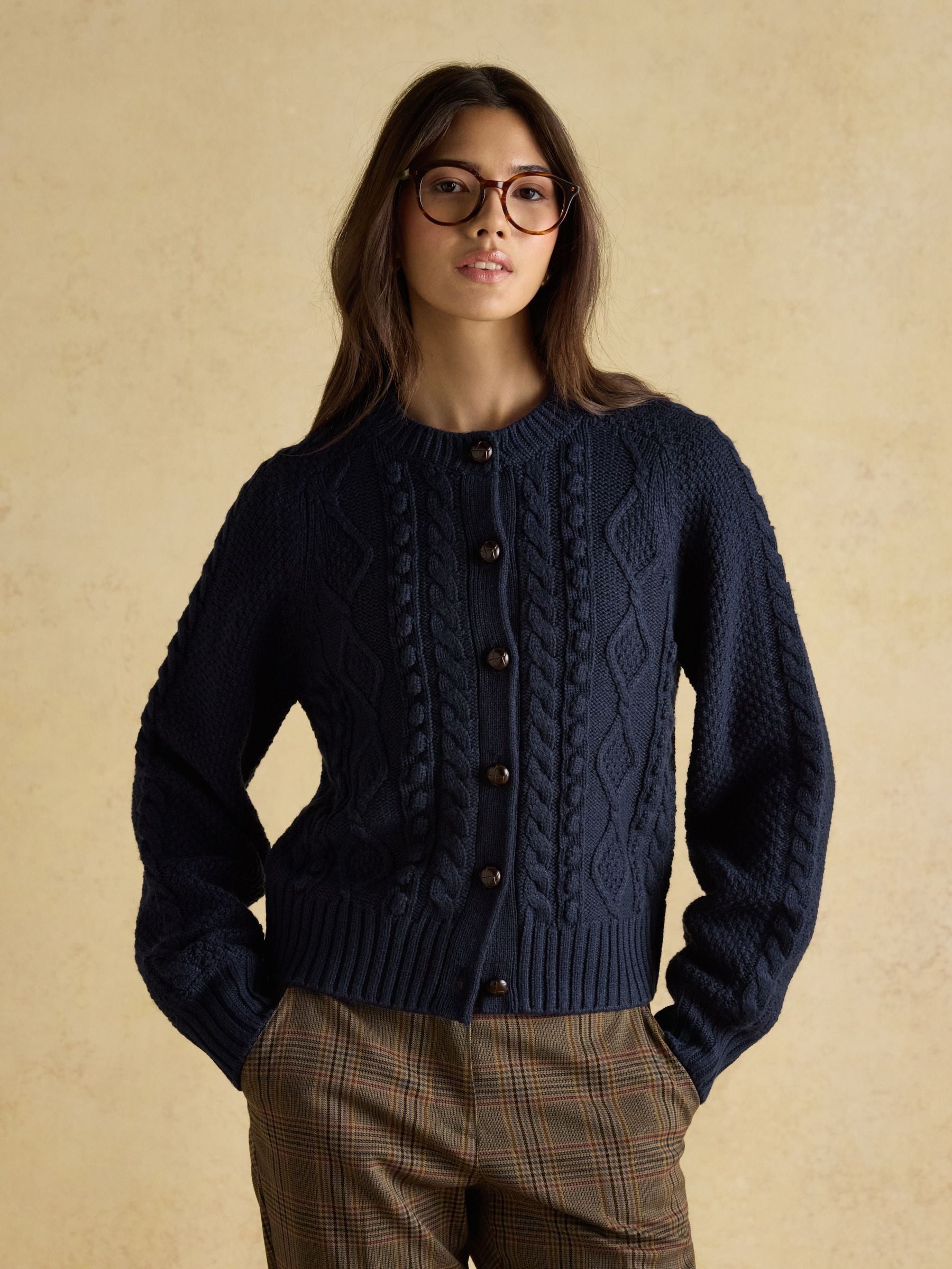 Joules Rafferty Cable Knit Cardigan in Navy