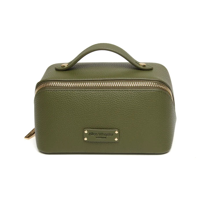 Alice Wheeler Kensington mini vegan leather train case with gold zip closure and signature honeybee emblem