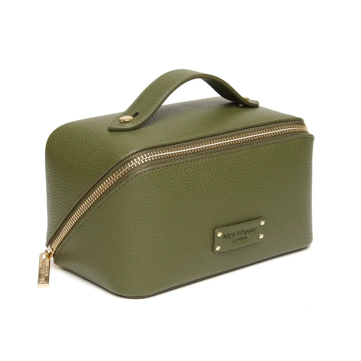 Alice Wheeler Kensington mini vegan leather train case with gold zip closure and signature honeybee emblem
