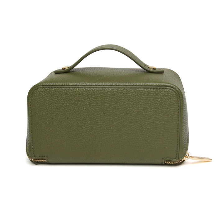 Alice Wheeler Kensington mini vegan leather train case with gold zip closure and signature honeybee emblem