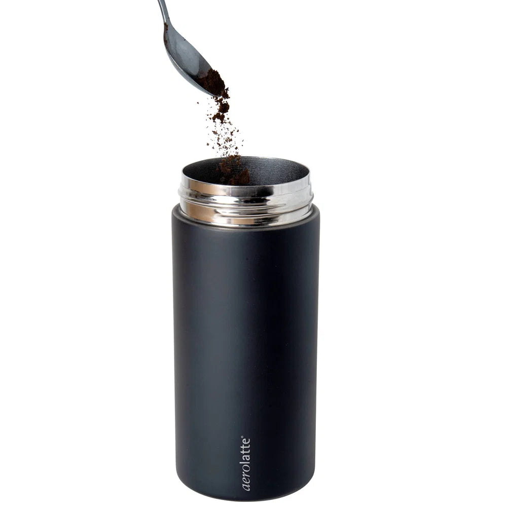 Black Aerolatte Press and Go French Press Travel Mug with built-in plunger mechanism.
