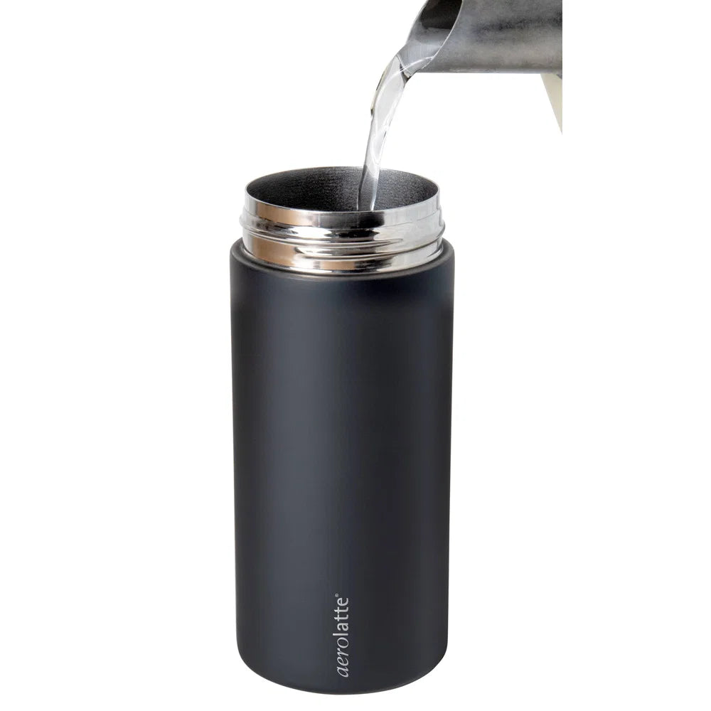Black Aerolatte Press and Go French Press Travel Mug with built-in plunger mechanism.