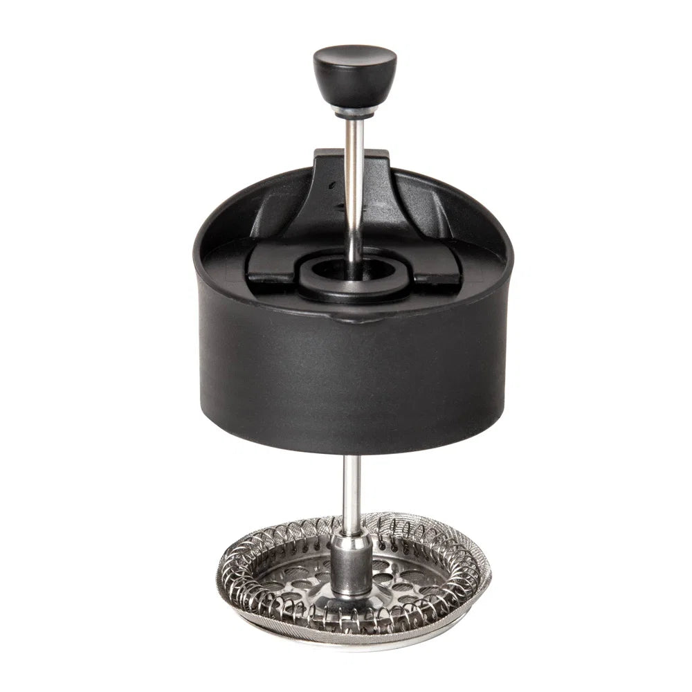 Black Aerolatte Press and Go French Press Travel Mug with built-in plunger mechanism.