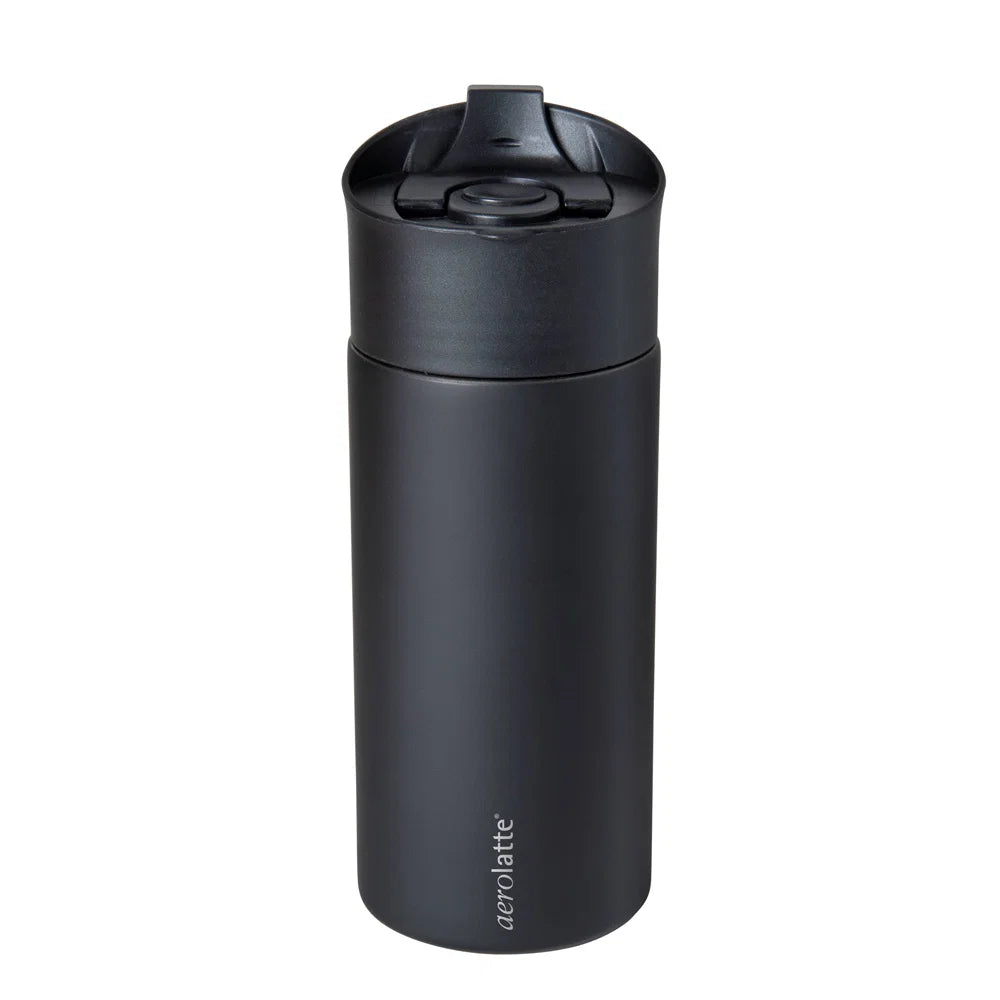 Black Aerolatte Press and Go French Press Travel Mug with built-in plunger mechanism.