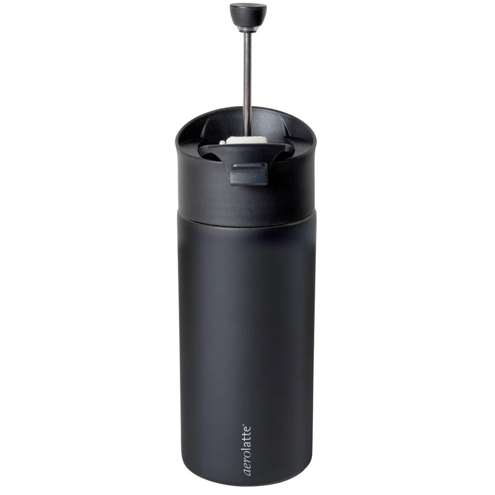 Black Aerolatte Press and Go French Press Travel Mug with built-in plunger mechanism.