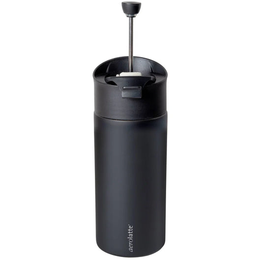 Black Aerolatte Press and Go French Press Travel Mug with built-in plunger mechanism.