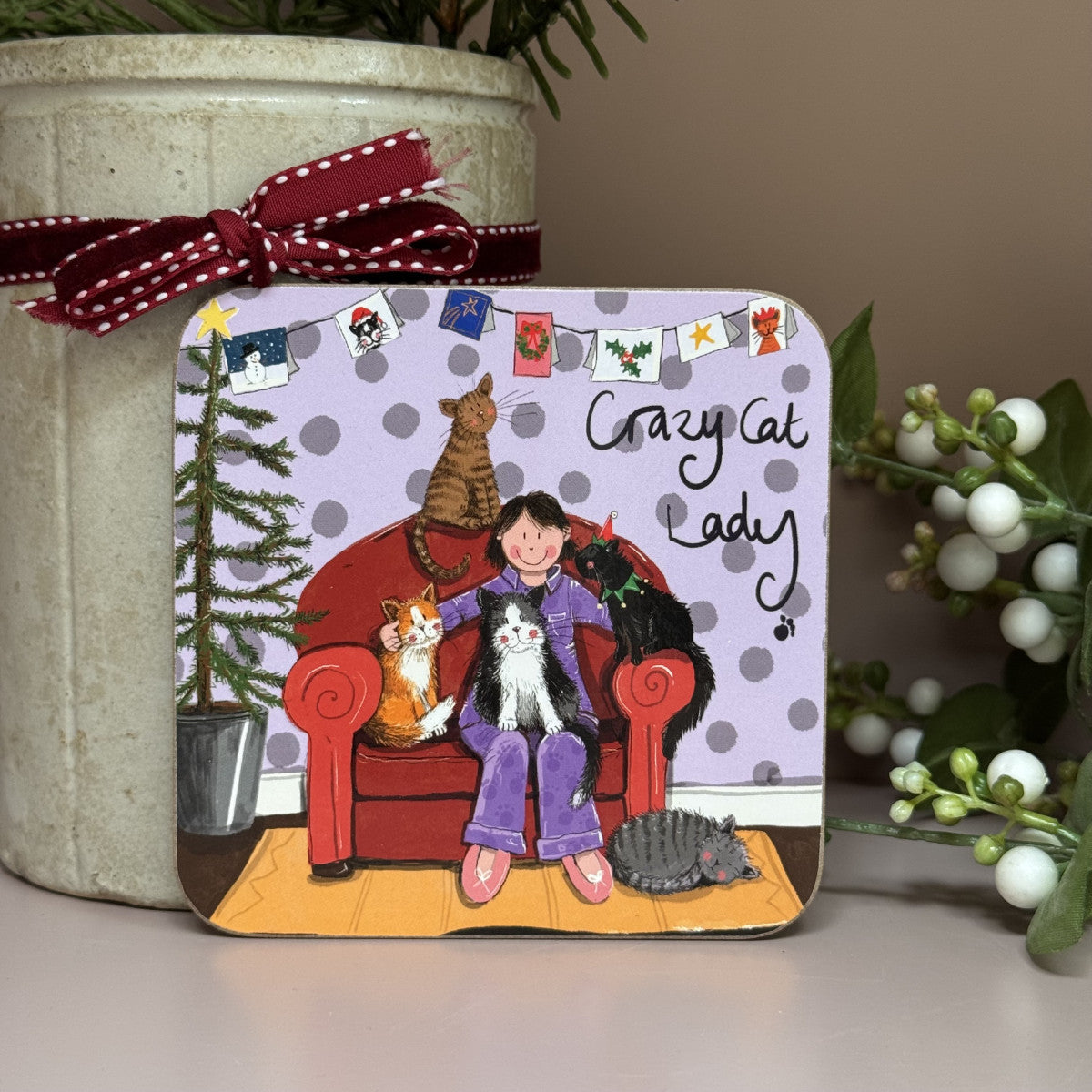 Alex Clark Crazy Cat Lady at Christmas Coaster