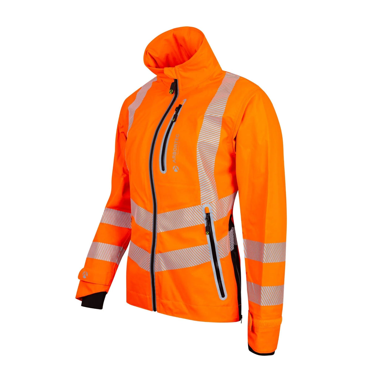 Arbortec ATHV4420 BreatheDry women's high-visibility orange waterproof railway and arborist work jacket with reflective tape detailing