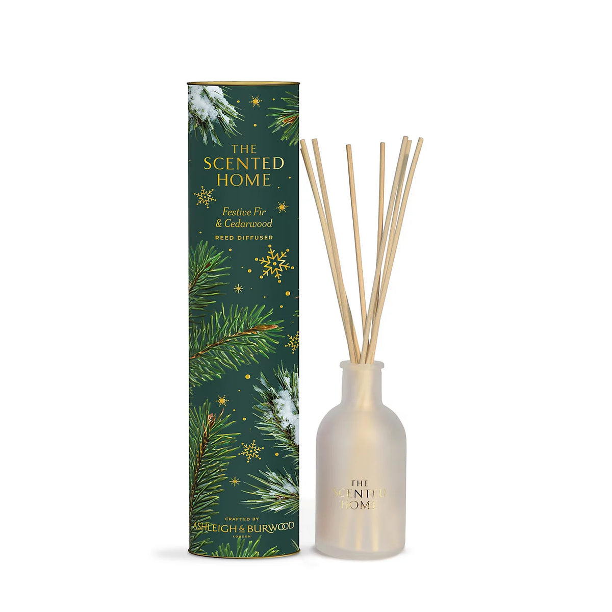 Ashleigh & Burwood Festive Fir & Cedarwood 150ml Reed Diffuser bottle with natural reeds and decorative pine tree box.