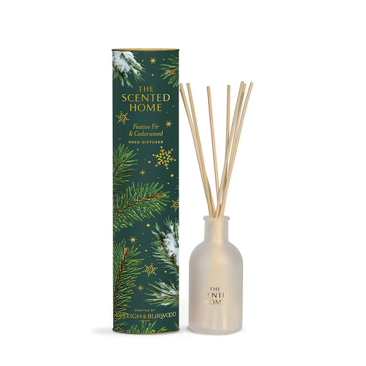 Ashleigh & Burwood Festive Fir & Cedarwood 150ml Reed Diffuser bottle with natural reeds and decorative pine tree box.