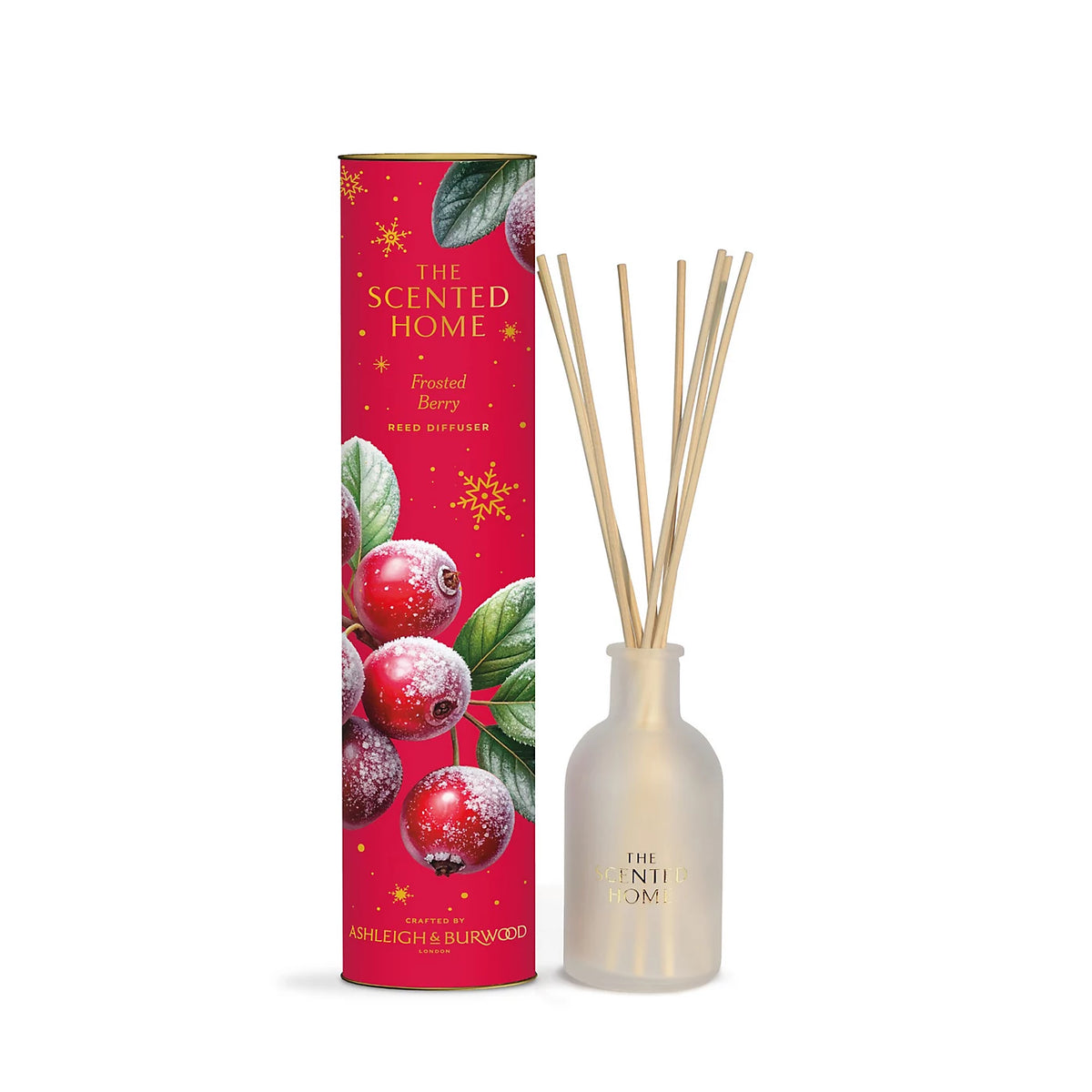 Ashleigh & Burwood Frosted Berry 150ml Reed Diffuser with frosted glass bottle, natural reeds, and festive red packaging tube.