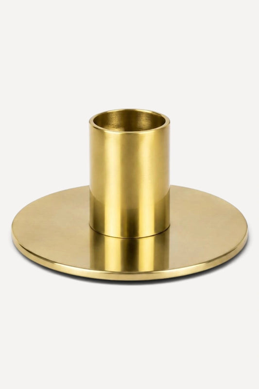 Ashleigh & Burwood brushed gold single dinner candle holder with wide circular base on a white background.
