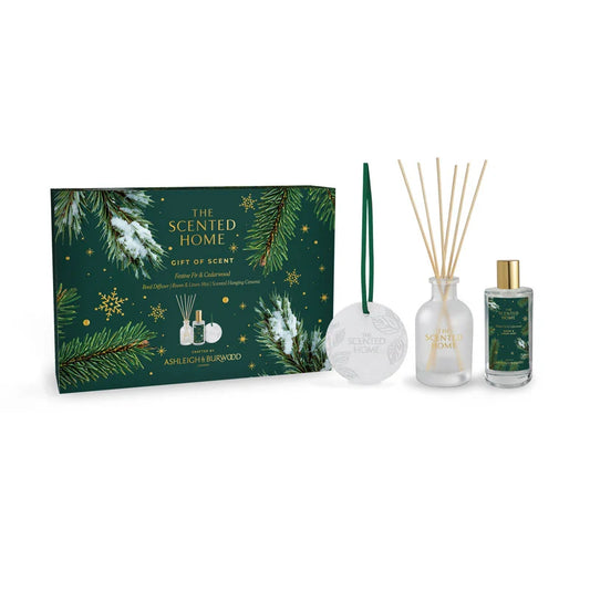 Ashleigh & Burwood Festive Fir & Cedarwood Gift Set featuring 50ml reed diffuser, room mist, hanging ceramic disc, and green gift box.