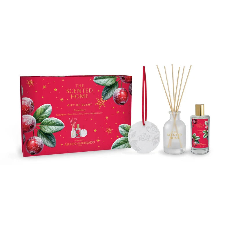 Ashleigh & Burwood Frosted Berry Gift Set featuring 50ml reed diffuser, room mist, hanging ceramic, and festive red gift box.
