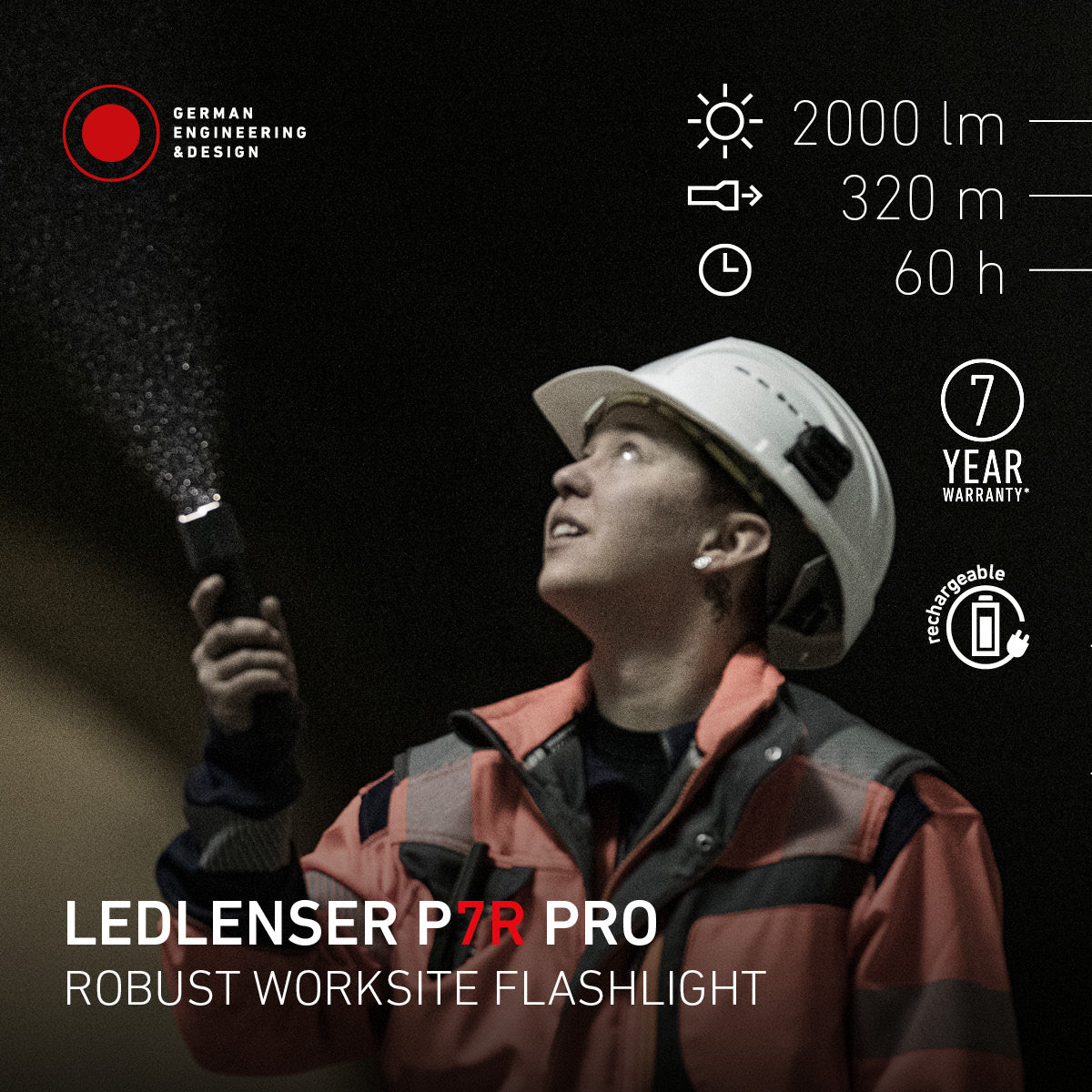 Ledlenser P7R Work heavy duty rechargeable flashlight with protective rubber end caps