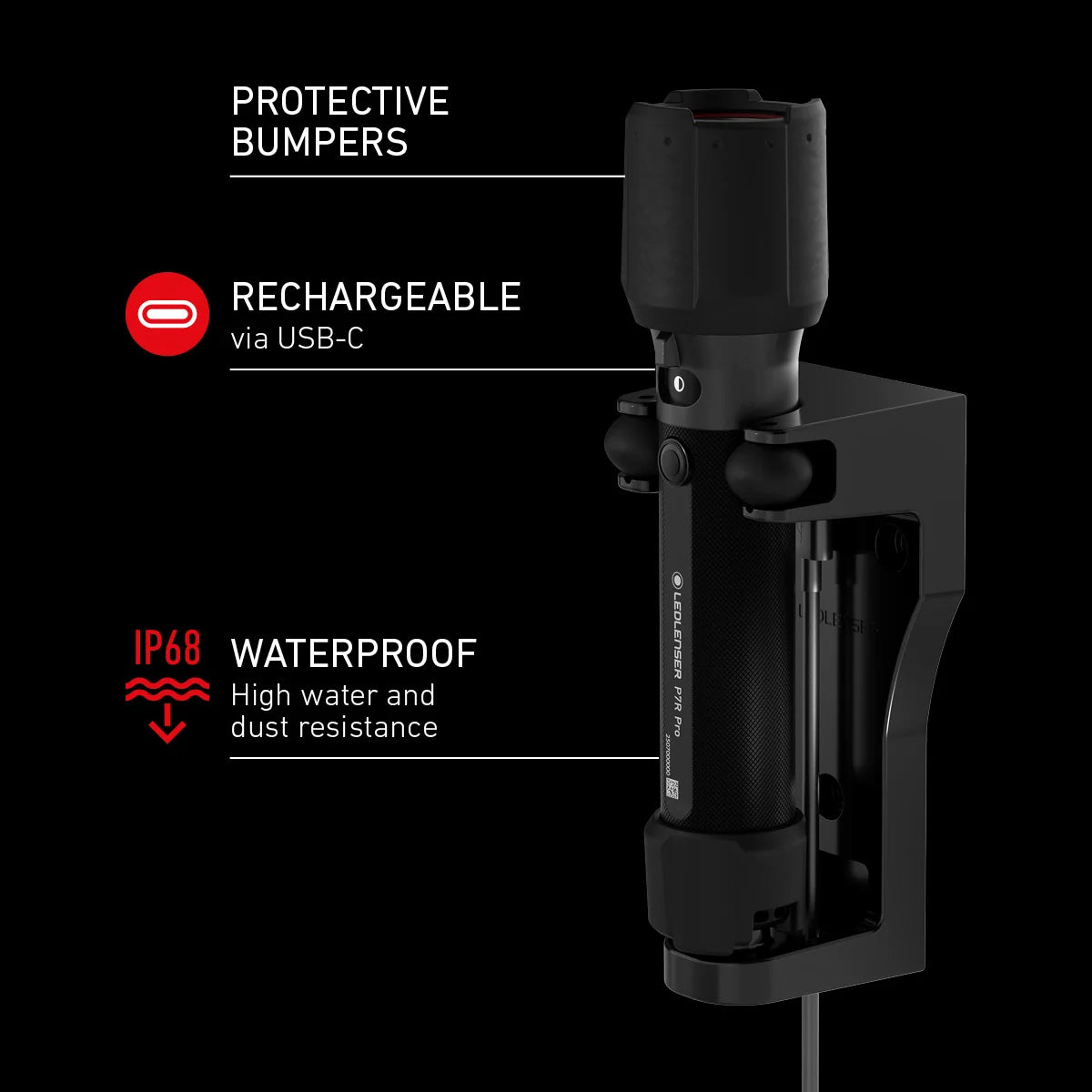 Ledlenser P7R Work heavy duty rechargeable flashlight with protective rubber end caps