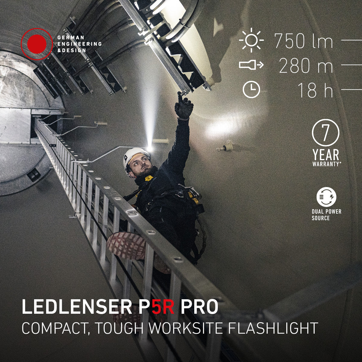Ledlenser P5R compact rechargeable flashlight sitting on its magnetic charging cradle