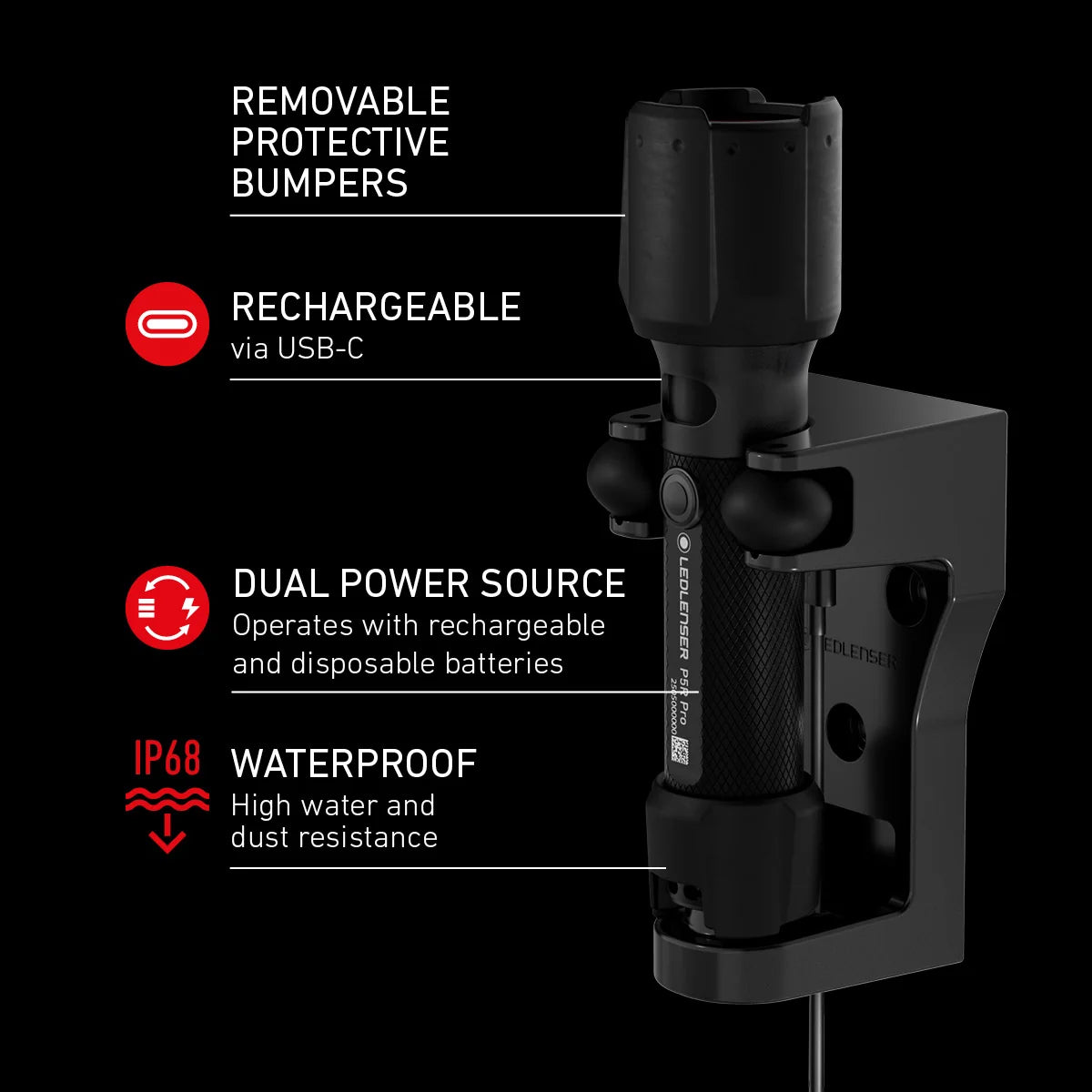 Ledlenser P5R compact rechargeable flashlight sitting on its magnetic charging cradle