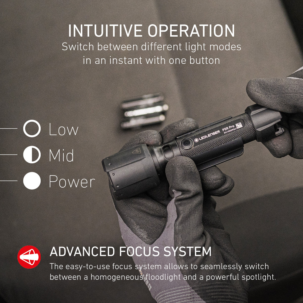 Ledlenser P5R compact rechargeable flashlight sitting on its magnetic charging cradle