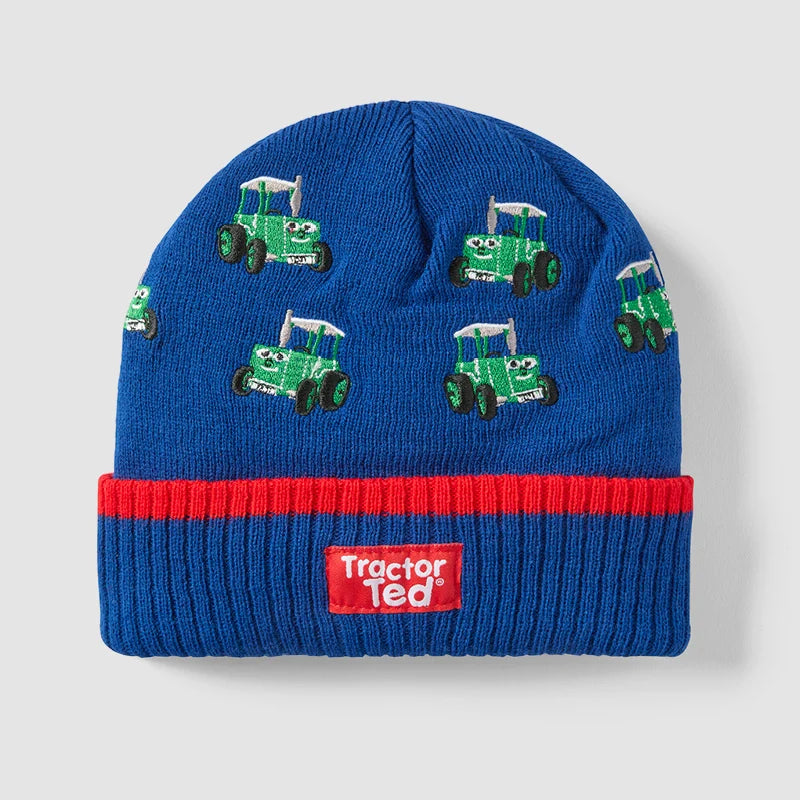 Kids green Tractor Ted knitted beanie hat with embroidered front badge and turn-up cuff