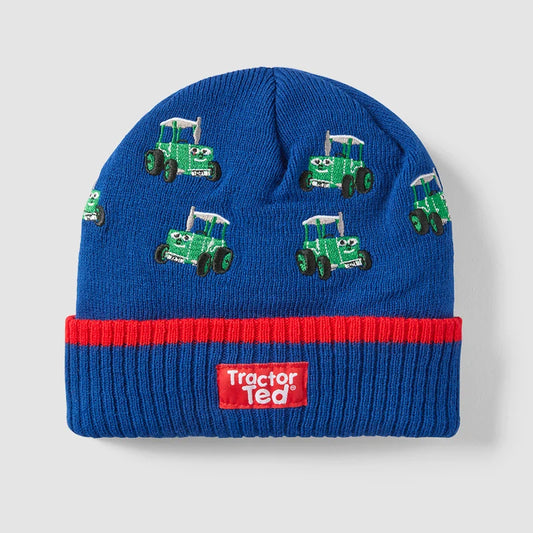 Kids green Tractor Ted knitted beanie hat with embroidered front badge and turn-up cuff