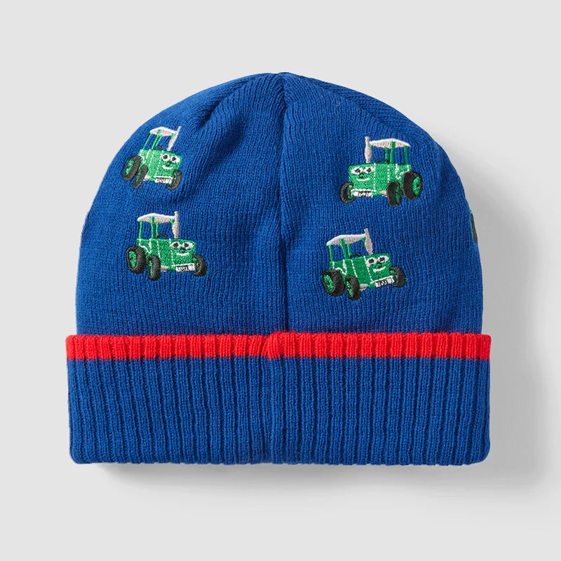 Kids green Tractor Ted knitted beanie hat with embroidered front badge and turn-up cuff