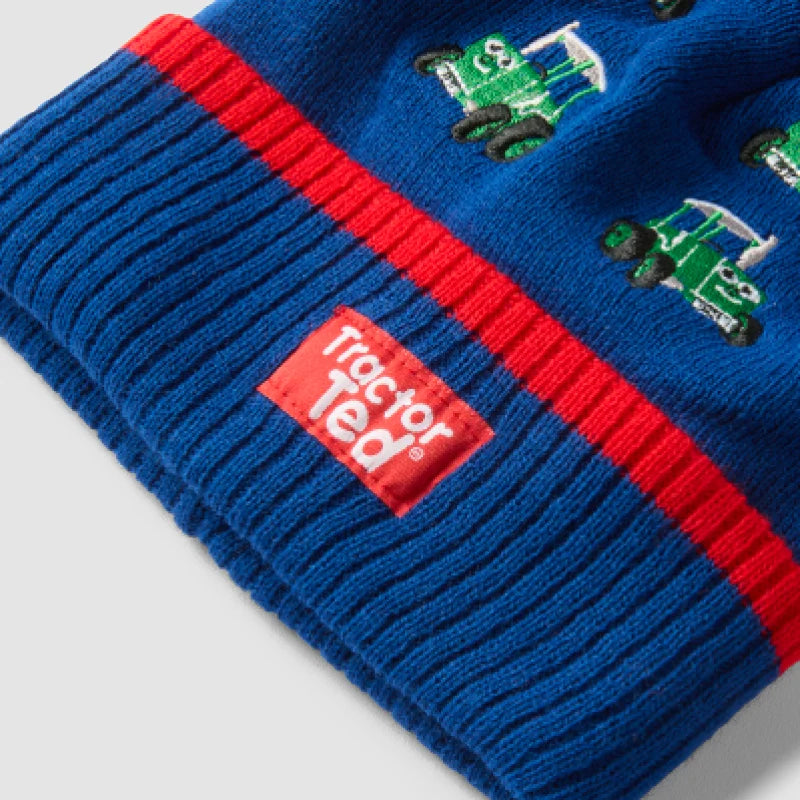 Kids green Tractor Ted knitted beanie hat with embroidered front badge and turn-up cuff
