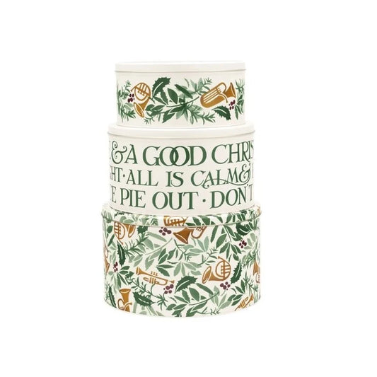 Stacked set of three Emma Bridgewater Bring In The Green round metal cake tins with festive green foliage and typography.