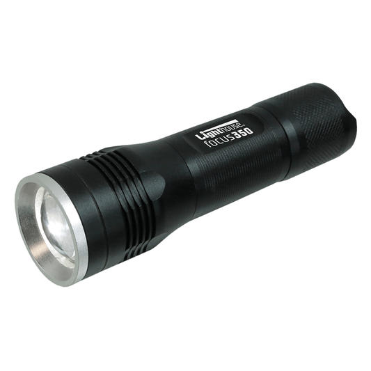Lighthouse Elite Focus350 Rechargeable LED Torch showing durable aluminium body and focus lens<