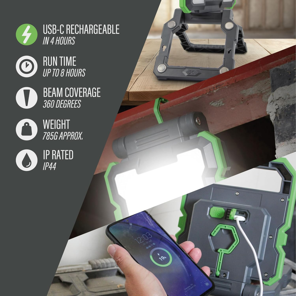 Lighthouse LED Rechargeable Work Light 2000 Lumens showing robust casing and adjustable stand