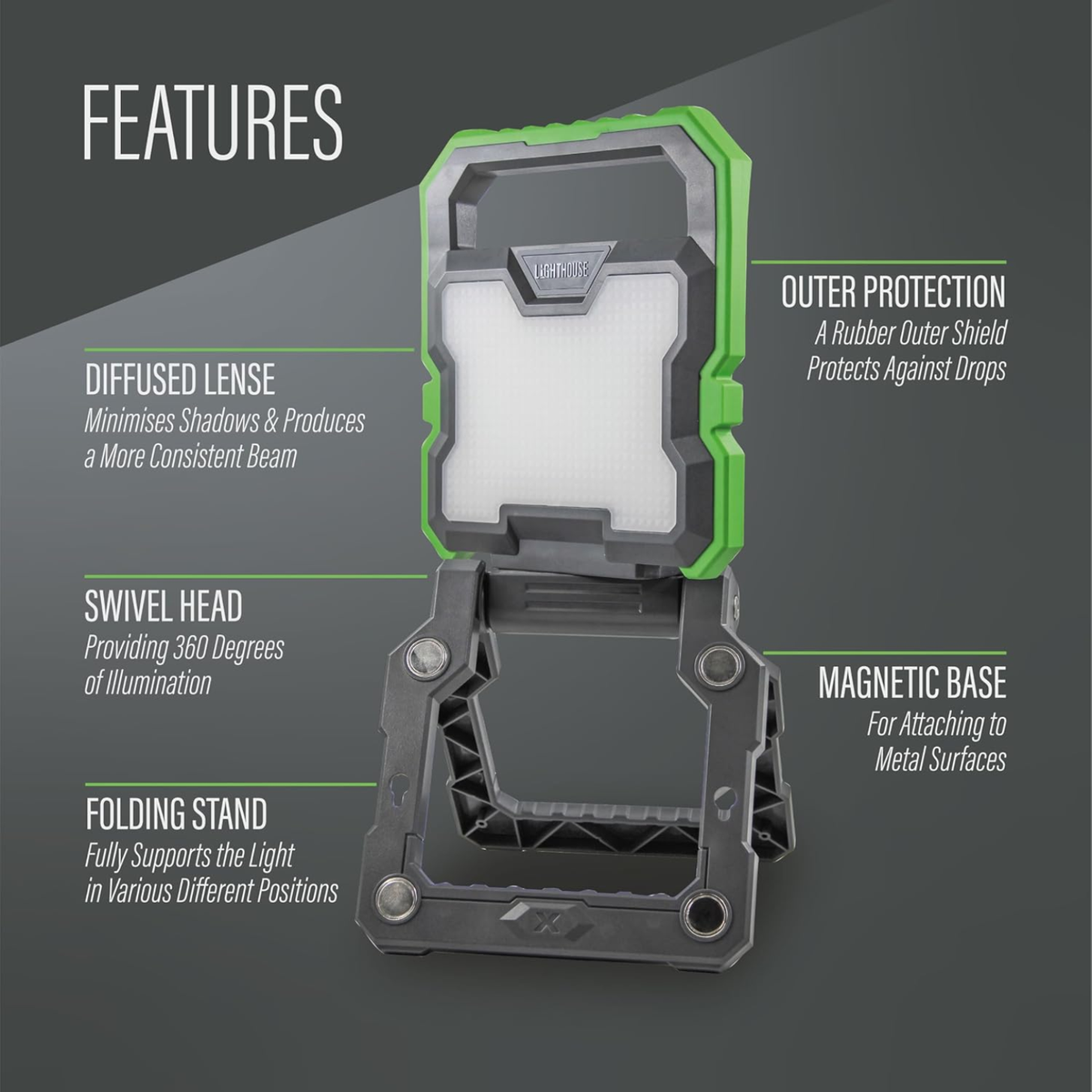 Lighthouse LED Rechargeable Work Light 2000 Lumens showing robust casing and adjustable stand