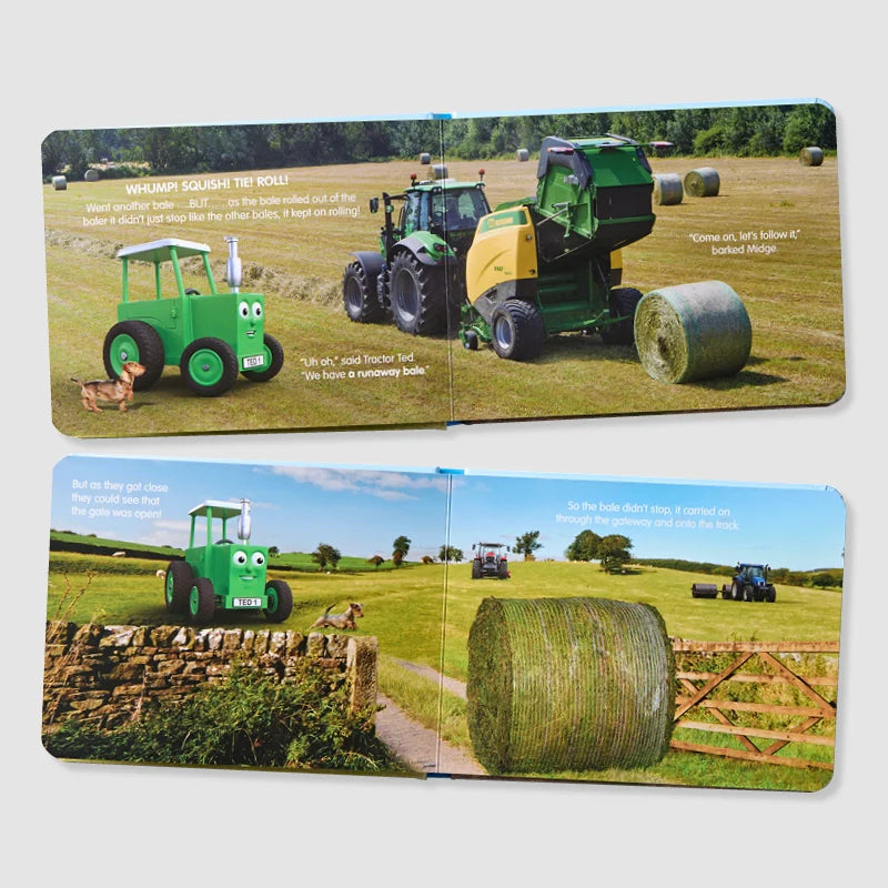 Tractor Ted The Runaway Bale children's story board book showing colorful farmyard illustrations