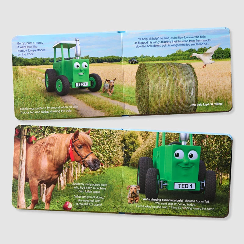 Tractor Ted The Runaway Bale children's story board book showing colorful farmyard illustrations