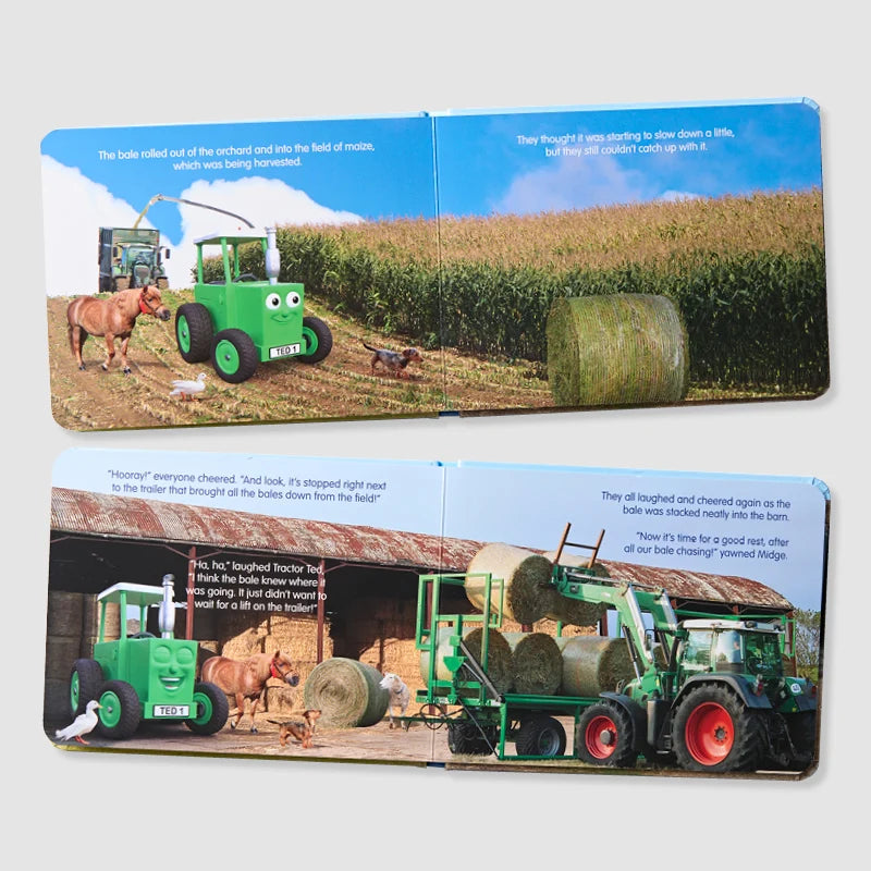 Tractor Ted The Runaway Bale children's story board book showing colorful farmyard illustrations