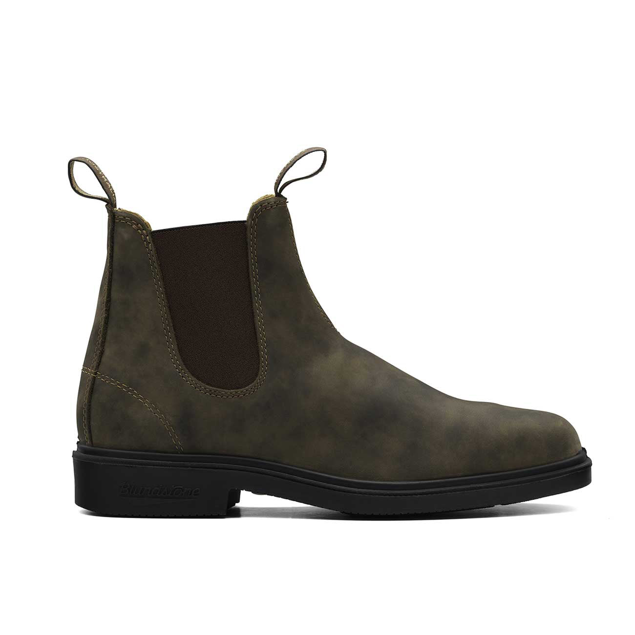 A rustic brown Blundstone Dress Chelsea Boot with a black TPU outsole, featuring elastic side panels and a round toe style.