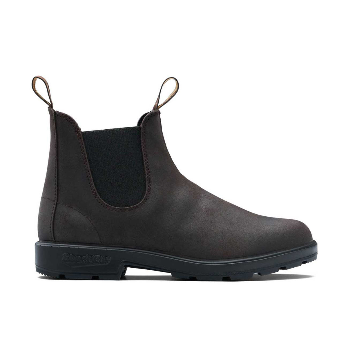 Blundstone 2610 dark brown waxed suede Chelsea boot showing black elastic sides and branded pull tabs