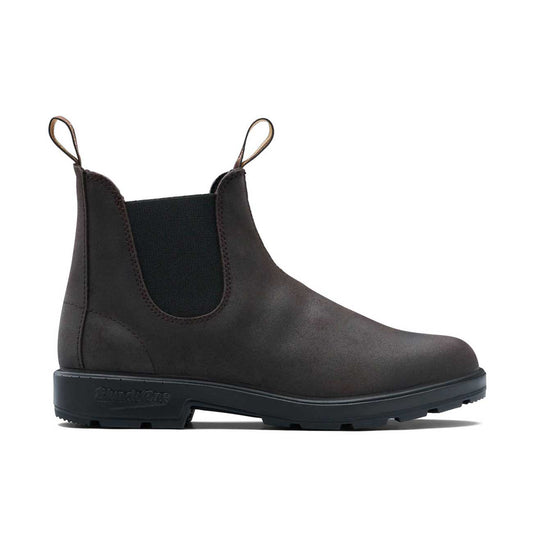 Blundstone 2610 dark brown waxed suede Chelsea boot showing black elastic sides and branded pull tabs