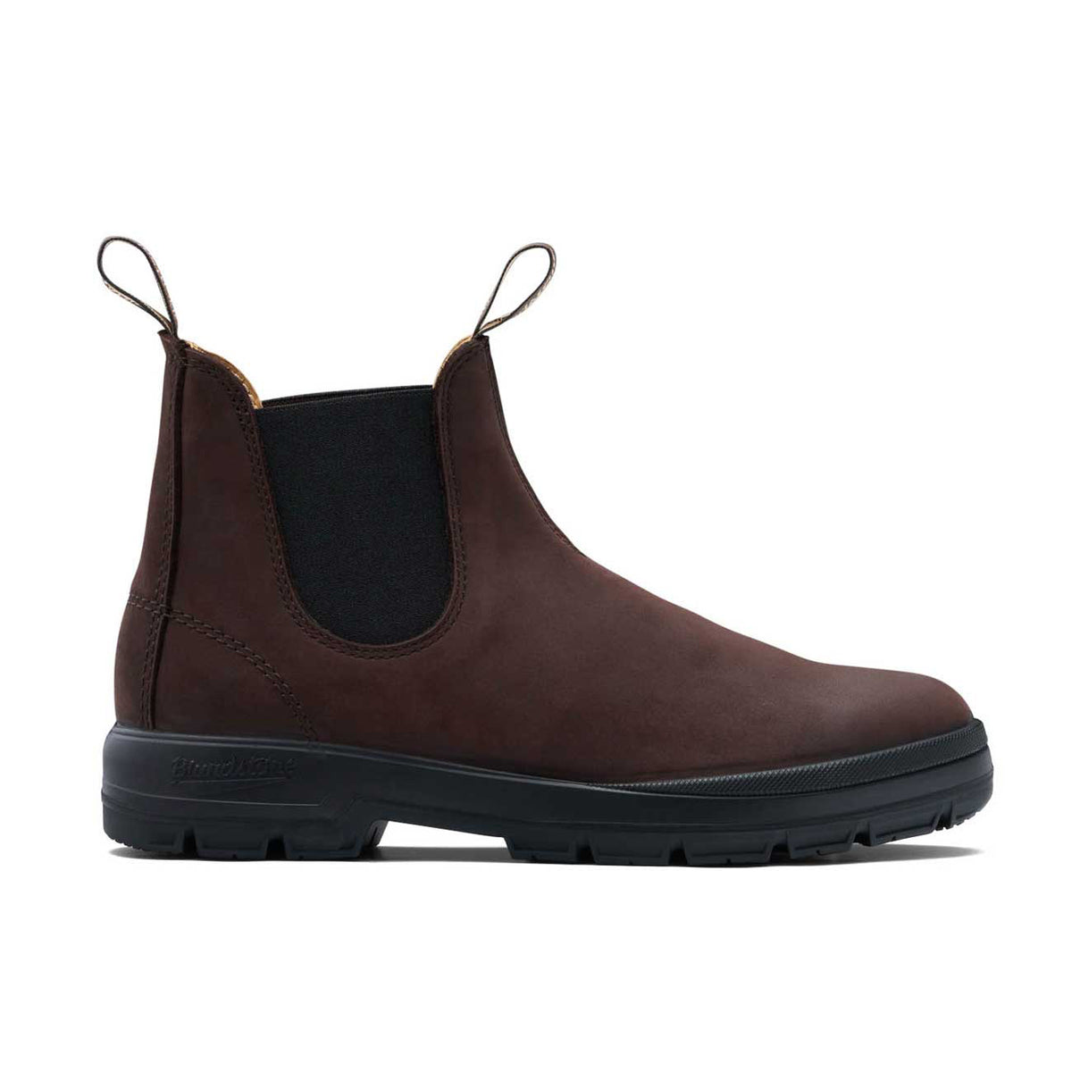 Pair of Blundstone 2632 Terrain Chelsea boots in chocolate brown oiled leather with rugged Gecko tread soles and elastic sides