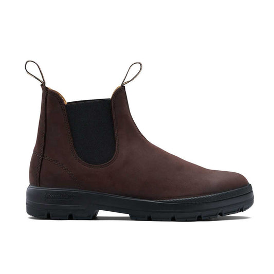 Pair of Blundstone 2632 Terrain Chelsea boots in chocolate brown oiled leather with rugged Gecko tread soles and elastic sides