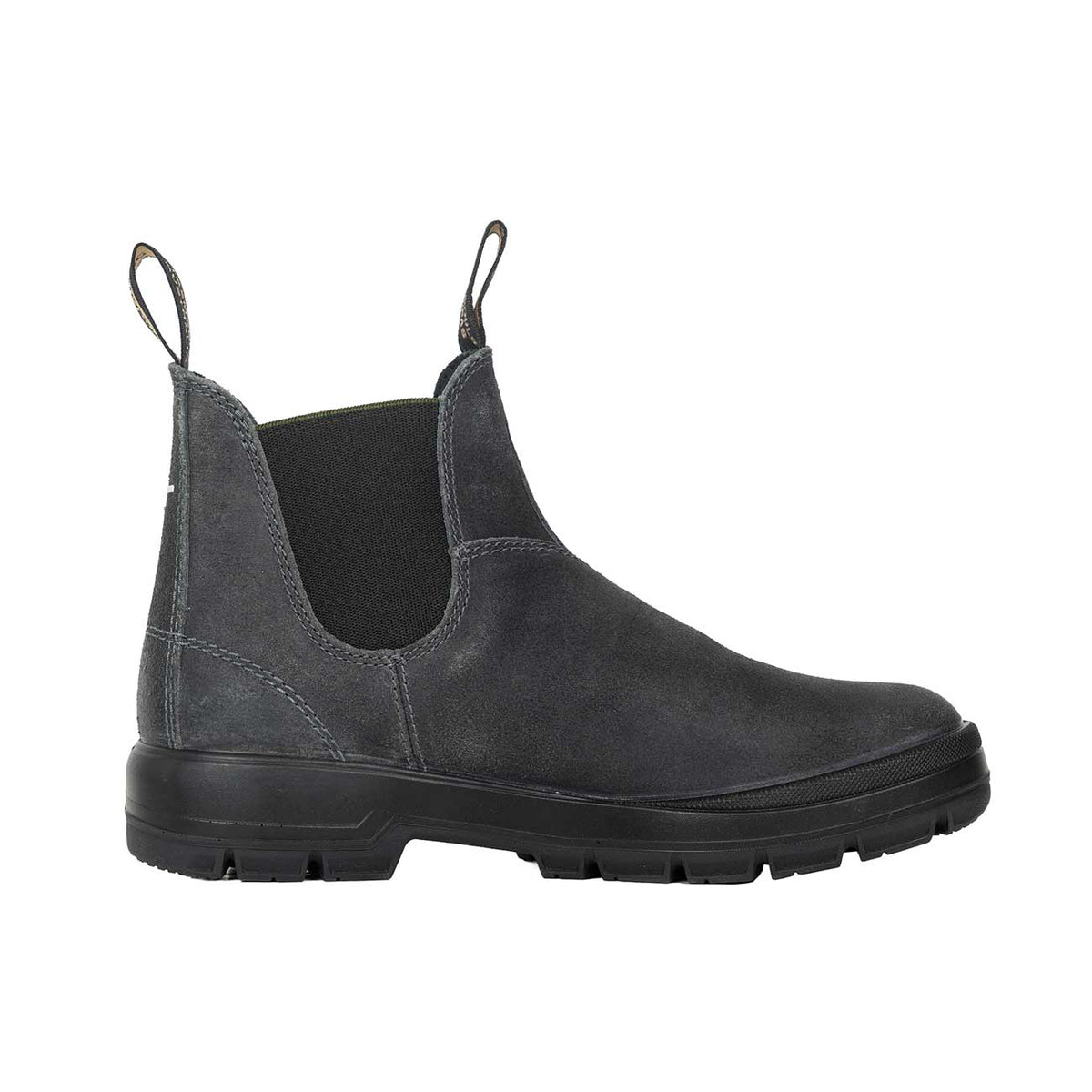 Blundstone x Finisterre 2660 steel grey waxed suede Chelsea boots with olive elastic side panels and pull tabs