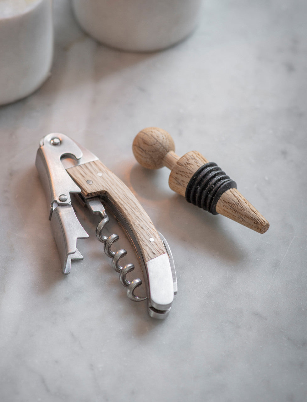 Garden Trading Oak and Steel Wine Bottle Opener & Stopper Set