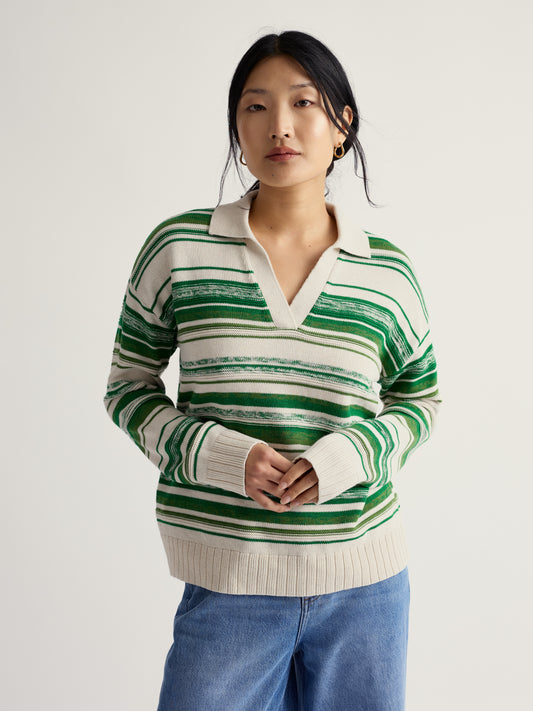 Seasalt Bird Flight Collared V-Neck Jumper in Cream and Green Stripes