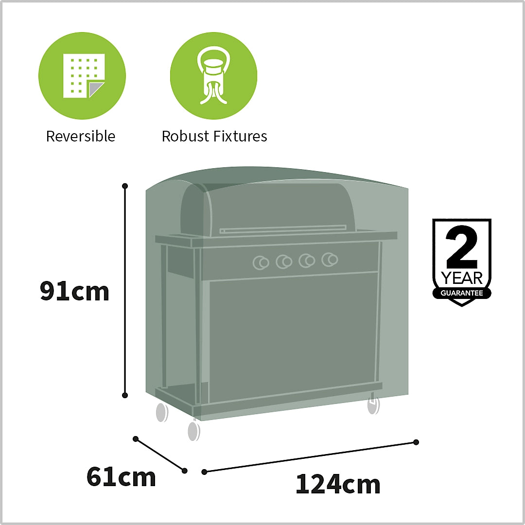 Bosmere Protector 2000 green reversible wagon barbecue cover fitted securely on an outdoor decking area