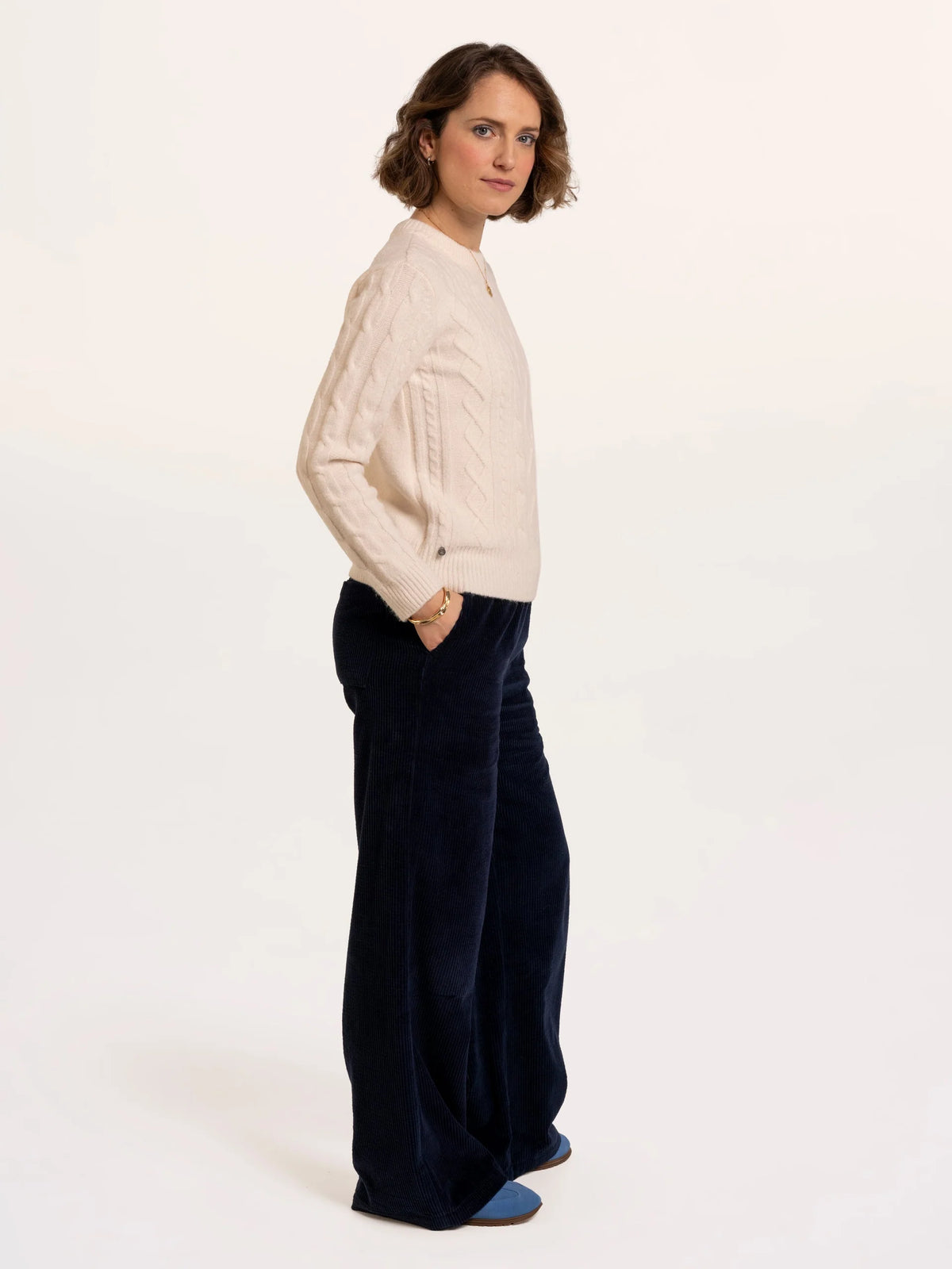 Brakeburn Dahlia Cable Knitted Crew Neck Jumper in cream