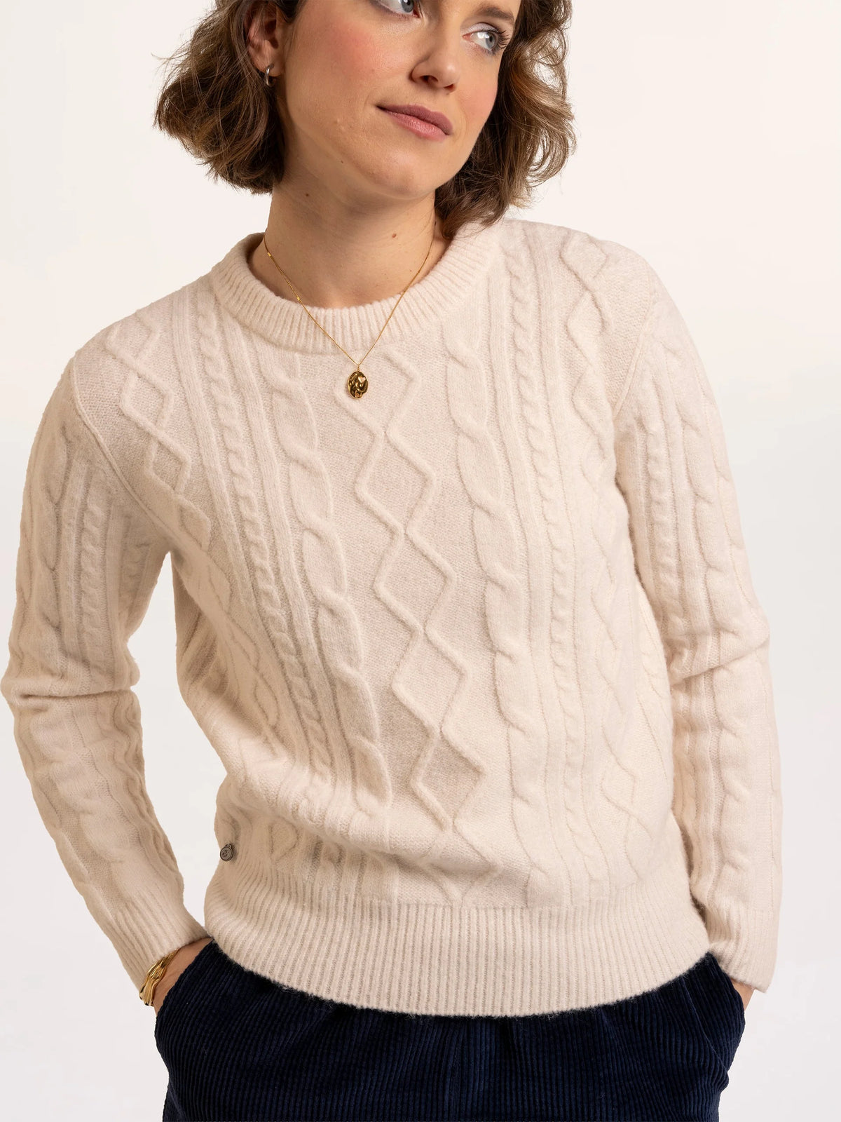 Brakeburn Dahlia Cable Knitted Crew Neck Jumper in cream