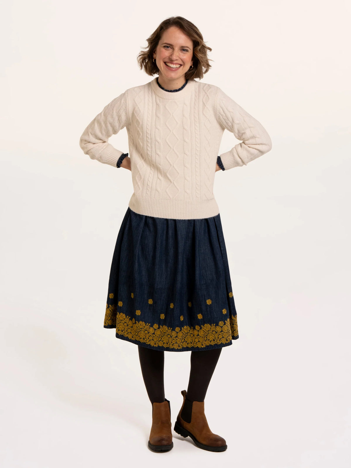 Brakeburn Dahlia Cable Knitted Crew Neck Jumper in cream