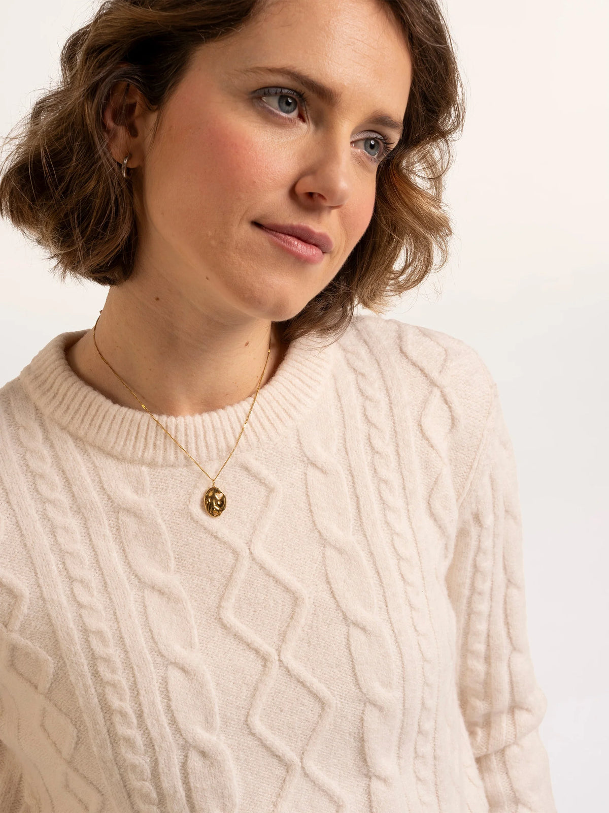 Brakeburn Dahlia Cable Knitted Crew Neck Jumper in cream