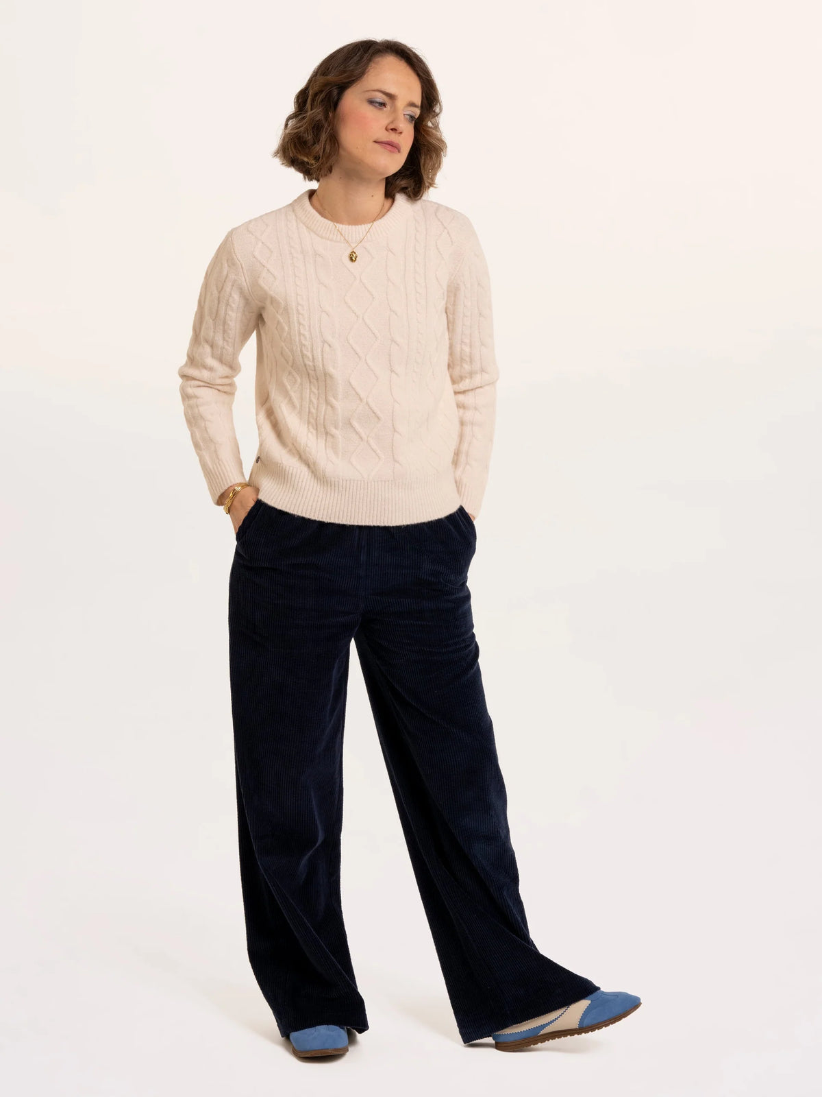 Brakeburn Dahlia Cable Knitted Crew Neck Jumper in cream