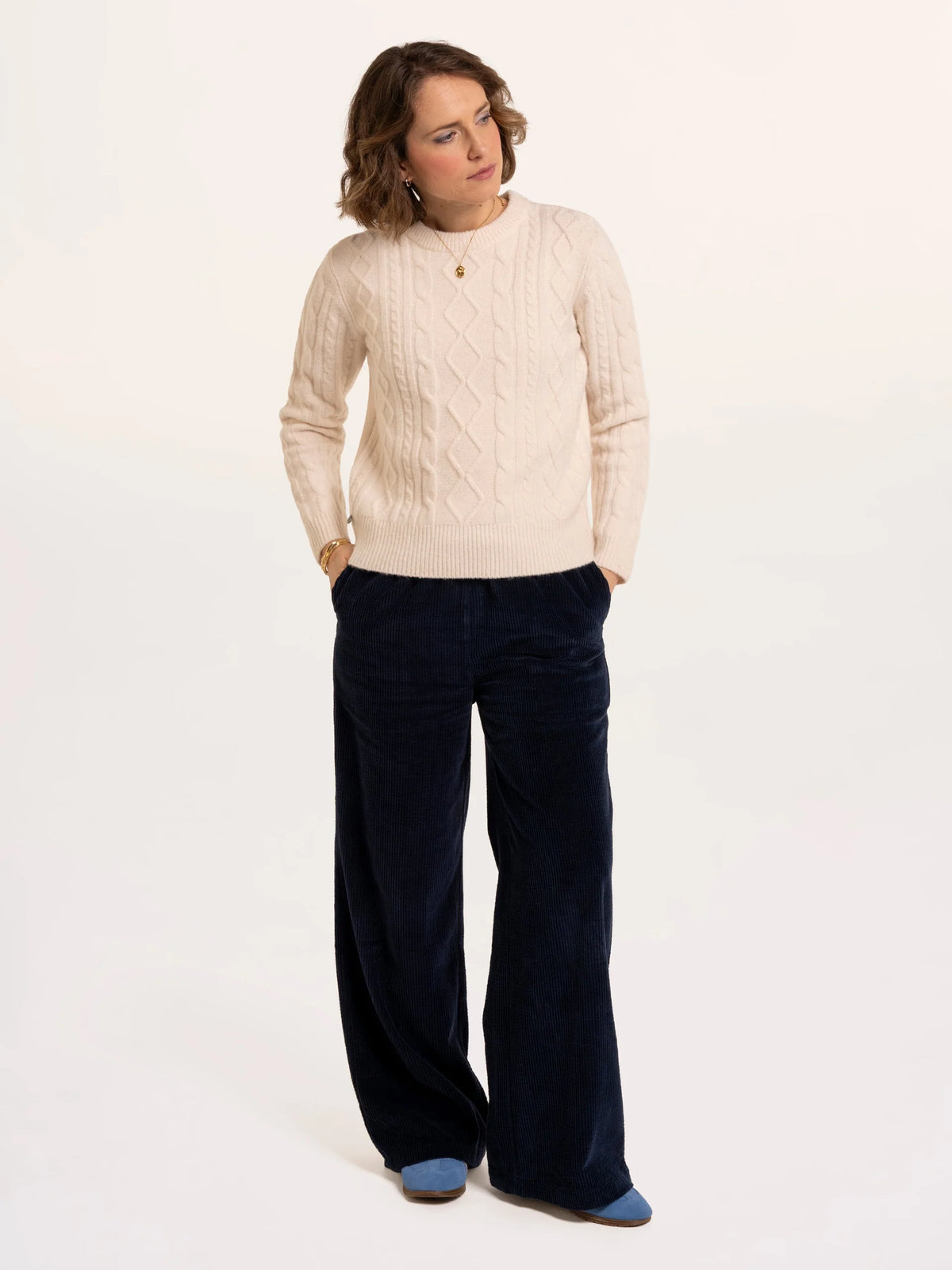Brakeburn Dahlia Cable Knitted Crew Neck Jumper in cream